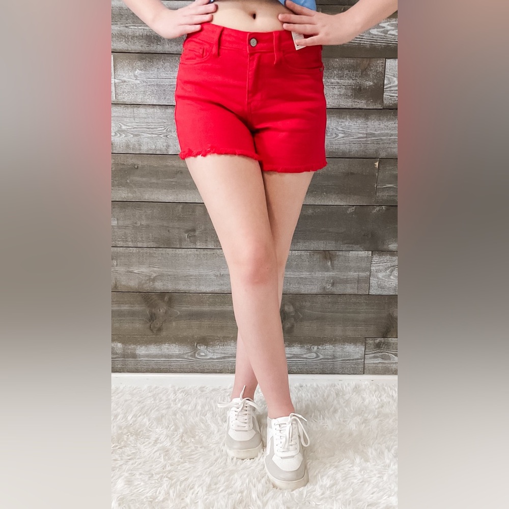 BOLD! judy blue mid rise red garment dyed fray hem cutoff shorts JB150242PL - Picture 2 of 7